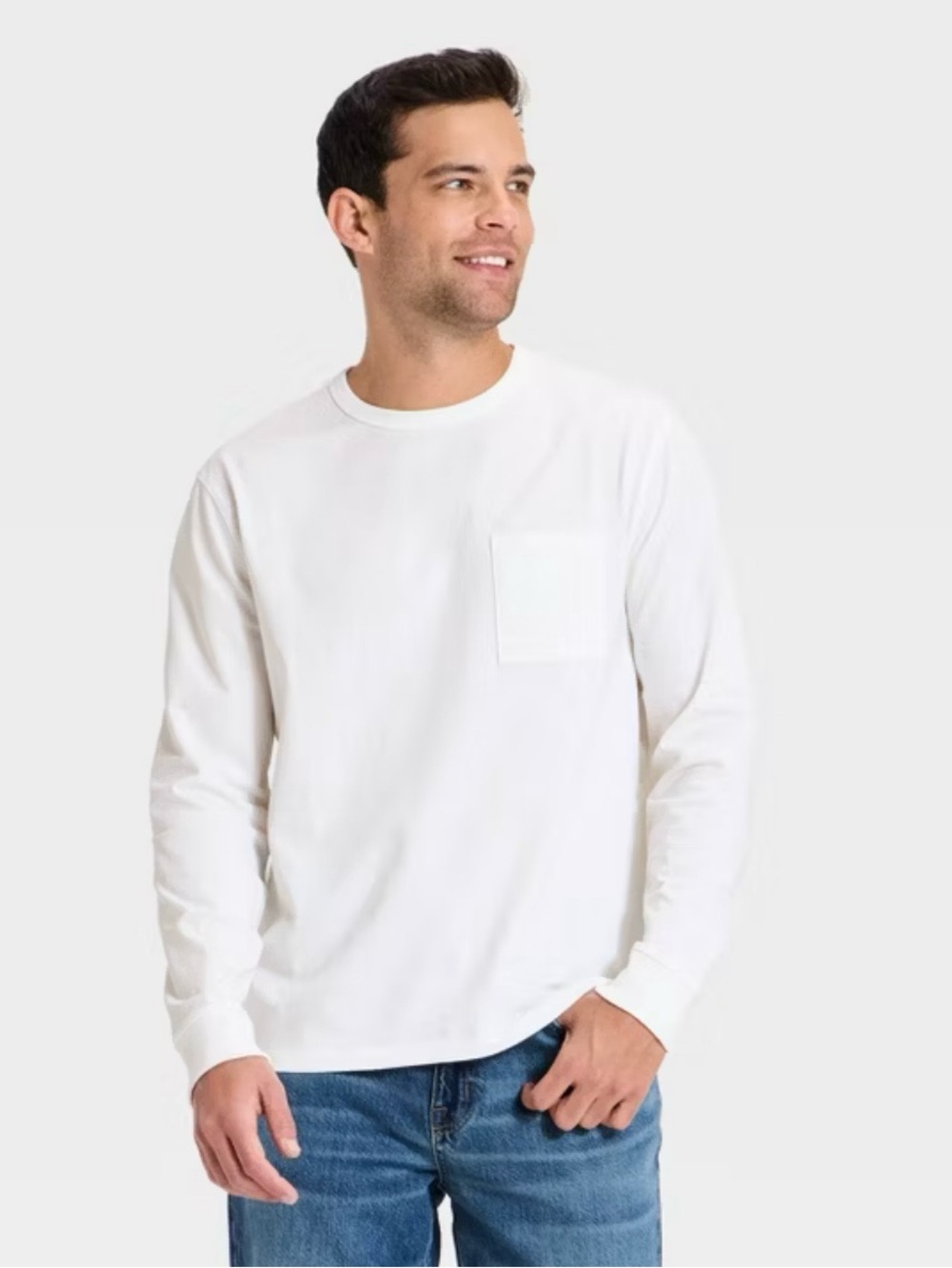 White Long-Sleeve Crew Pocket Tee